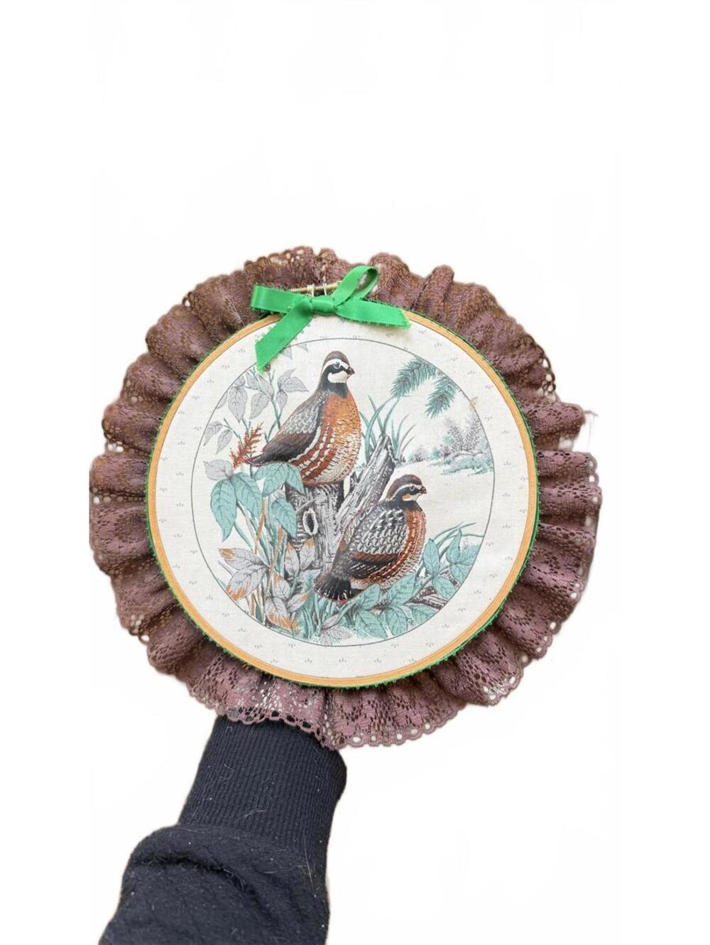 Vintage Handmade Decorative Wall Hanging with Quail and Lace Trim Cottagecore